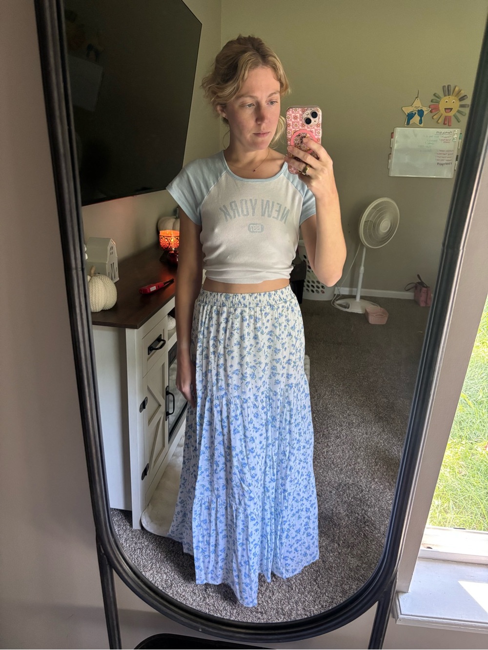 Japna Light Blue Floral Tiered Maxi Skirt
